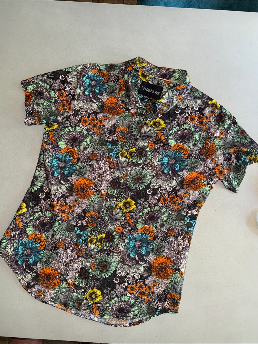 Wildfang Black Floral Button-Up Shirt with Teal, Orange & Yellow Accents